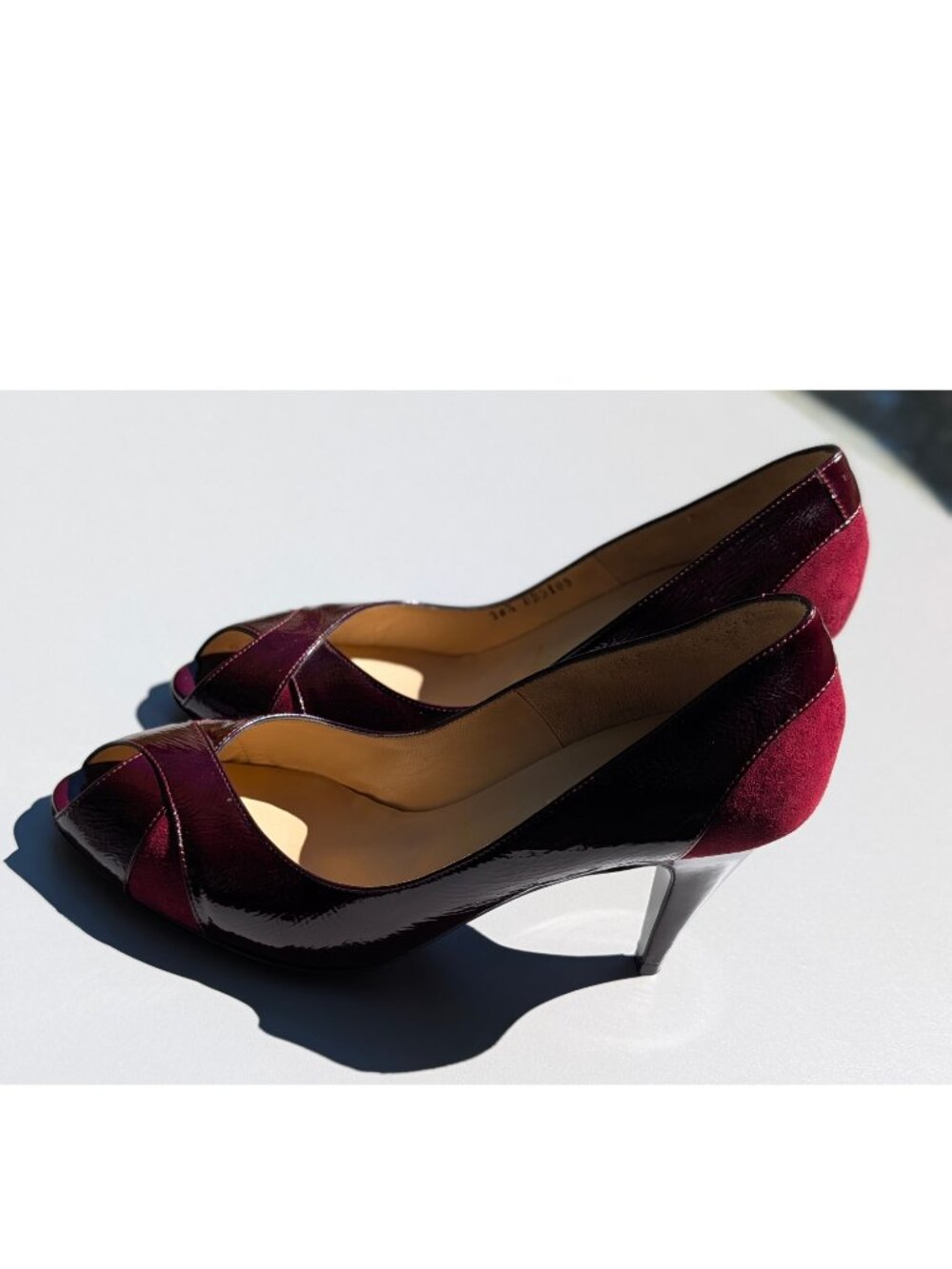 Bruno Magli wine colored open toed pump, patent leather 3.5” heel, S 6 1/2